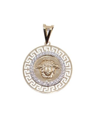 COLGANTE REDONDO MEDUSA GRECA Y CIRCONITAS.Oro 18k