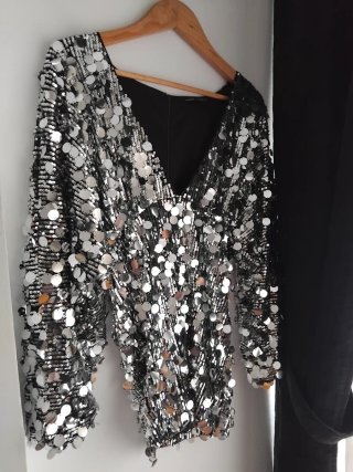 Vestido de fiesta lentejuelas plata y negro