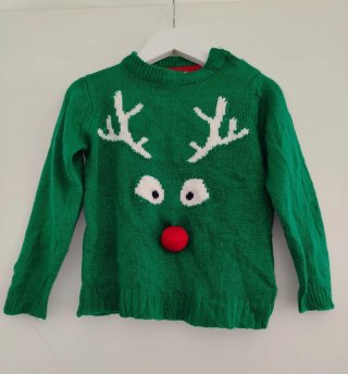 Jersey verde navideño.Reno.Pompón rojo.18-24 meses