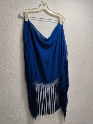 Mantón de Seda Azul Marino con Flecos