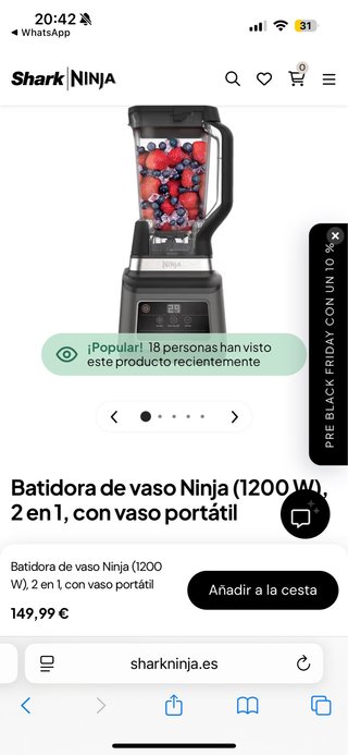 Batidora de Vaso Ninja 1200W 2 en 1