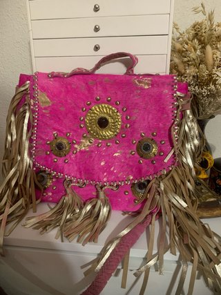 Bolso de Piel Artesanal Rosa y Dorado