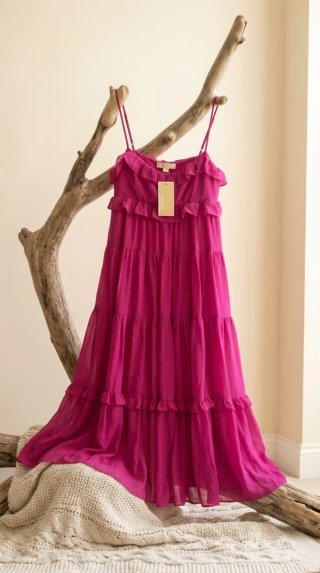 Vestido Largo Michael Kors Fucsia con Volantes