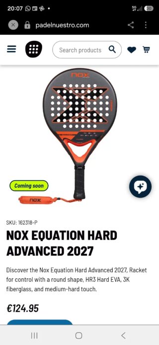 Pala de pádel Nox Equation Hard Advanced 2027