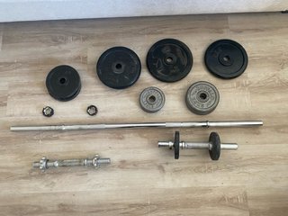 Set de Pesas: Barra, Mancuerna y Discos