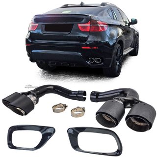 COLAS DE ESCAPE DOBLES CARBONO + MARCO DE MOLDURA NEGRO BRILLANTE BMW X6 E71 08-14