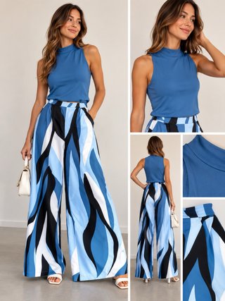 Conjunto Dos Piezas Azul Pantalón Palazzo