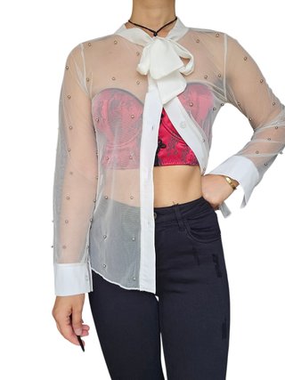 Blusa Blanca Transparente con Perlas