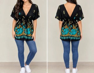 Blusa Estampada Negra y Turquesa saten