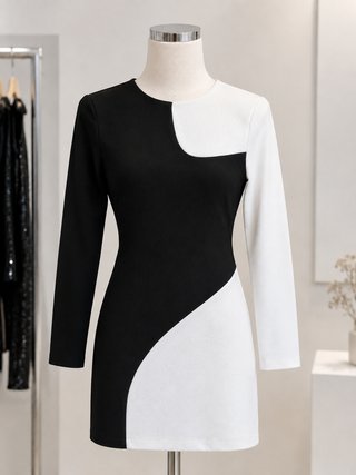Vestido de manga larga blanco y negro