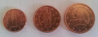 3 Monedas San Marino 2004, 1, 2 y 5 cts , s/c