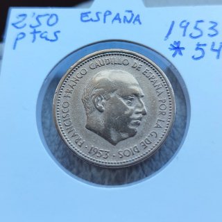 Excelente moneda de 2,50 pesetas, 1953 estrella 54