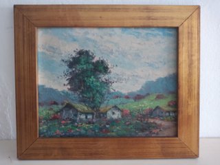 CUADRO ÓLEO VINTAGE PAISAJE RURAL C/ CASAS C/MARCO