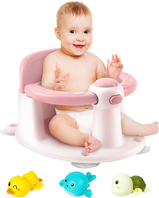Asiento de baño para bebé en color rosa.