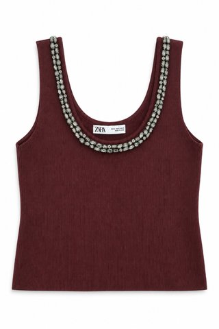 Top Zara Burdeos de Punto con Pedrería