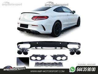 DIFUSOR TRASERO NEGRO BRILLO CON COLAS REDONDAS NEGRAS PARA MERCEDES CLASE C COUPE C205