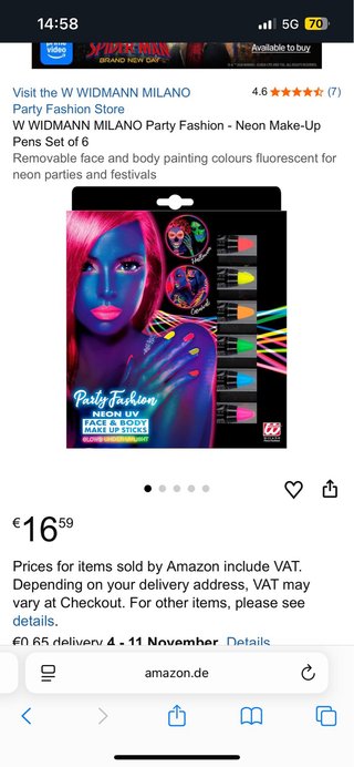 Set de 6 Pinturas Faciales Neón UV Widmann