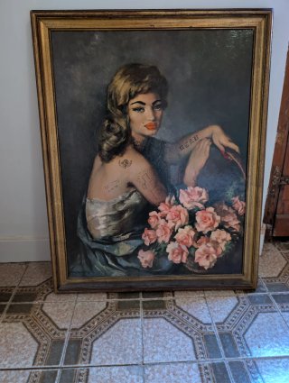 Cuadro Grande al óleo con figura femenina y flores