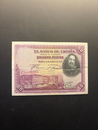 Billete de 50 Pesetas de 1928 NUMERACION RARA EBC