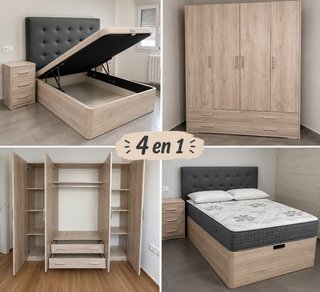 Set de Dormitorio: Cama, Armario, Mesitas y Cómoda