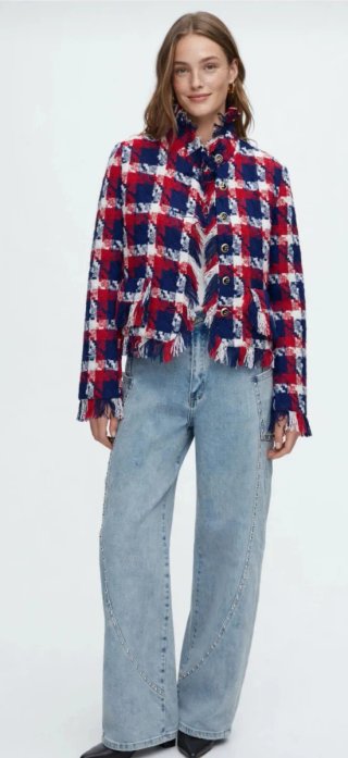 Chaqueta de cuadros con flecos