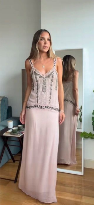 Vestido Largo Pedrería Zara Beige T/L y XL