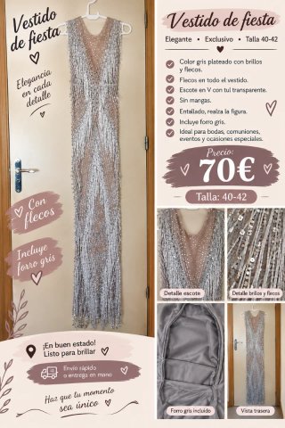 Vestido de fiesta plateado con flecos