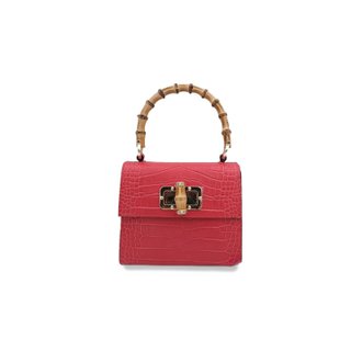 Bolso mano piel coco rojo asa bambú 18x16cm