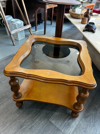 Mesita auxiliar vintage cristal y madera