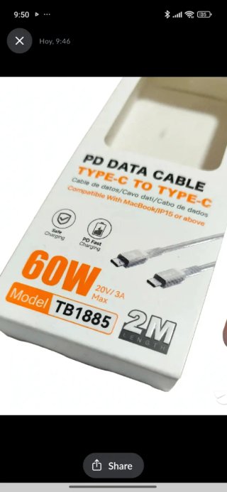 Cable Carga Rápida USB-C a USB-C 2M