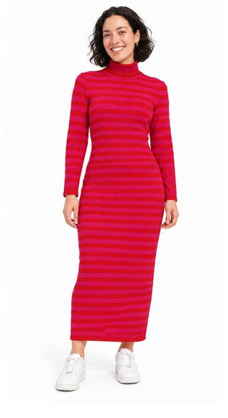 Vestido largo de rayas rojo y fucsia