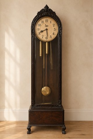 Reloj de pie antiguo de madera tallada con péndulo