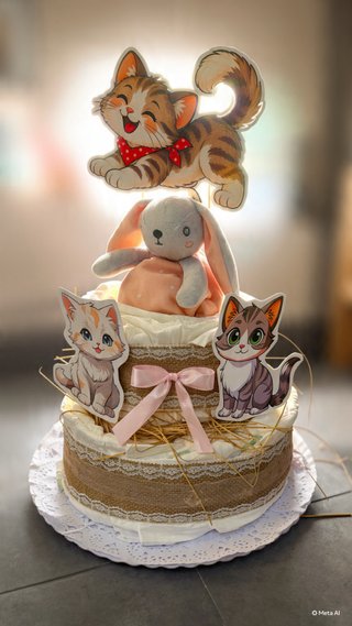 Tarta de pañales con doudou y gatitos