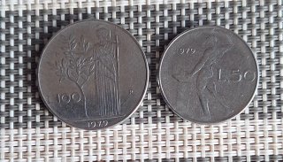 Monedas Italianas 100 y 50 Liras 1979
