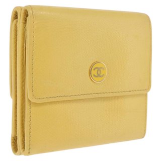 CHANEL Trifold Wallet Leather Yellow Gold CC Auth
