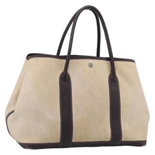HERMES Garden Party Hand Bag Canvas Beige Silver