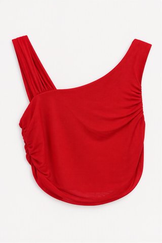 Top rojo asimétrico de un hombro con fruncido