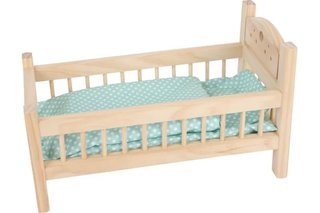 Cama de muñecas de madera natural 44×23×25 cm con ropa de cama