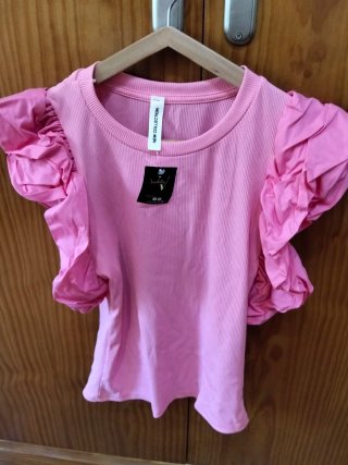 Camiseta Rosa con Mangas Abullonadas Talla S