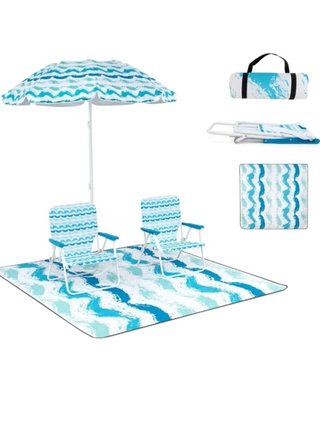 Juego de Sombrilla de Playa con 2 Sillas Plegables