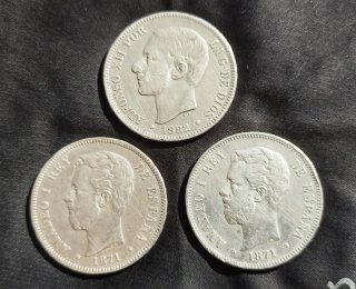 Lote 3 Monedas 5 Pesetas Plata (Amadeo I y Alfonso