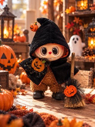Llavero Labubu Halloween con Escoba y Calabaza