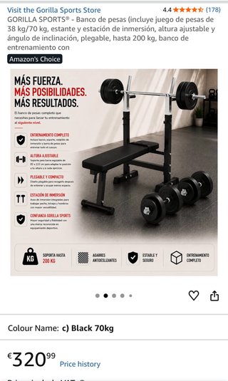 Banco de Pesas Gorilla Sports con 70kg