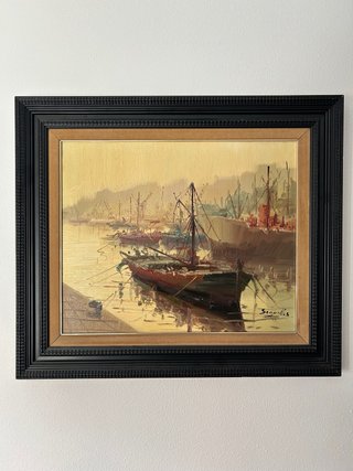 Cuadro al óleo de puerto pesquero
