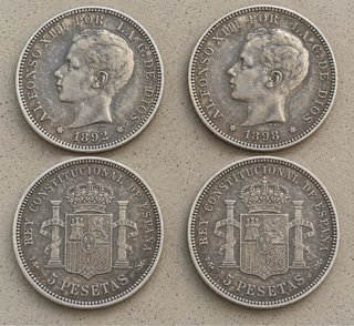 2 monedas antiguas de plata – Alfonso XIII – 5 pes