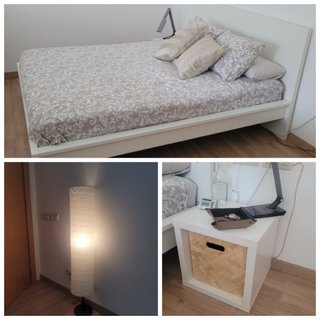 Lote dormitorio habitación: cama, mesitas, lampara