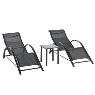 Set de 2 tumbonas y mesita con tablero de vidrio,