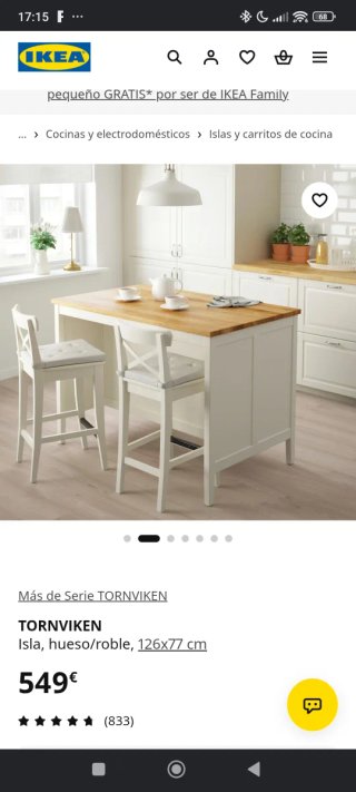 Isla de cocina IKEA Tornviken + 2 taburetes