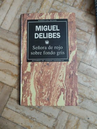 Señora de rojo sobre fondo gris