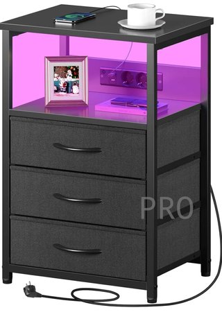 Comodini Rolanstar con Carica e LED, Comodini con 3 Cassetti in Tessuto, Porte USB e Prese, Comodini 30 cm per Soggiorno e Camera da Letto (1, Nero)
